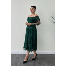 Giyimmasalı Üç Boyut Çiçekli Kumaş Kayık Yaka Midi Elbise - Zümrüt Yeşil