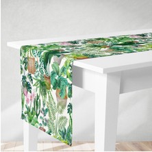 Decofav Runner Saksıda Botanik Yapraklar Pembe Orkide Çiçek Kaktüs Desenli Dijital Baskılı
