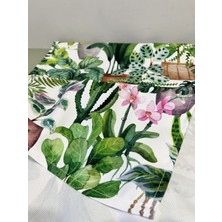 Decofav Runner Saksıda Botanik Yapraklar Pembe Orkide Çiçek Kaktüs Desenli Dijital Baskılı