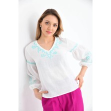 Parkkaron V Yaka Nakış Detay Salaş Bluz