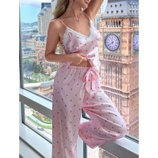 Bella Bonita Saten Kiraz Baskılı Askılı Dantel Pijama Takımı Çeyiz Pembe