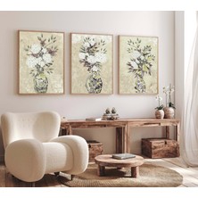 Bestablo 3'lü Vazoda Çiçek Çerçeveli Tablo , Ev Dekoru , Soyut Tablo , Ahşap Tablo