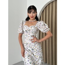 Concon Moda Uzun Çiçekli Balon Kol Olivia Elbise