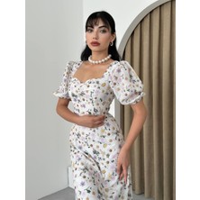 Concon Moda Uzun Çiçekli Balon Kol Olivia Elbise