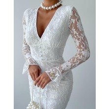 Concon Moda Elegance Beyaz Dantel Midi Elbise