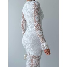 Concon Moda Elegance Beyaz Dantel Midi Elbise