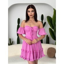 Concon Moda Leydi Düşük Kol Şifon Mini Gloplu Elbise