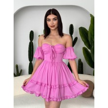 Concon Moda Leydi Düşük Kol Şifon Mini Gloplu Elbise