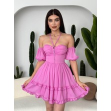 Concon Moda Leydi Düşük Kol Şifon Mini Gloplu Elbise