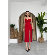 Concon Moda Askılı Fırfırlı Midi Elbise