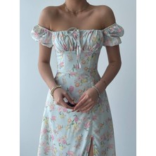 Concon Moda Yazgülü Yırtmaçlı Mavi Çiçekli Elbise
