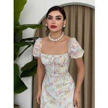 Concon Moda Yazgülü Yırtmaçlı Mavi Çiçekli Elbise