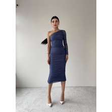 Concon Moda Rengin Tek Kol Drapeli Mavi Elbise