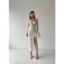 Concon Moda Iris Midi Gloplu Yırtmaçlı Dantel Elbise Beyaz