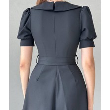 Concon Moda  Bebe Yaka Düğmeli Midi Atlas Elbise