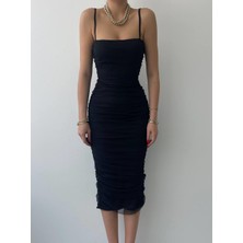 Concon Moda Askılı Drapeli Tül Midi Elbise