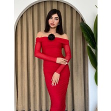 Concon Moda Star Beyaz Straplez Drapeli Gül Detay Elbise