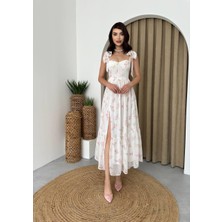 Concon Moda Askılı Çiçekli Şifon Kayro Midi Elbise