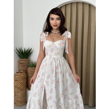 Concon Moda Askılı Çiçekli Şifon Kayro Midi Elbise