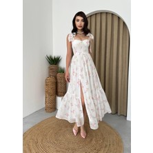 Concon Moda Askılı Çiçekli Şifon Kayro Midi Elbise