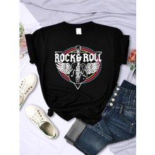 Stıl-X Rock & Roll Baskılı, Bisiklet Yaka, %100 Pamuklu, Standart Kalıp, Unısex Tshırt