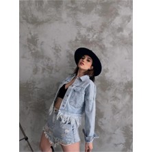 Fav Style Kadın Etekleri Saçaklı Çift Cepli Düğmeli Kot Ceket