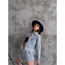 Fav Style Kadın Etekleri Saçaklı Çift Cepli Düğmeli Kot Ceket