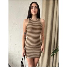 Fav Style Kadın Bisiklet Yaka Kolsuz Çizgili Kısa Elbise
