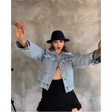 Fav Style Kadın Püskül Detaylı Çift Cepli Düğme Kapamalı Kot Ceket