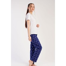 New Pajamas Kadın Gri Lacivert Kısa Kollu  Desenli Bisiklet Yaka Oval Etek Süprem Pijama Takımı