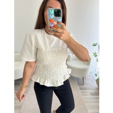 Patuta Butik Ekru Tok Doku Altı Volanlı Bluz