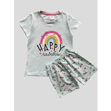 Elmas Kids Kız Çocuk %100 Pamuklu Gökkuşağı Desenli Yeşil Kısa Kollu Şortlu Yazlık Pijama Takımı