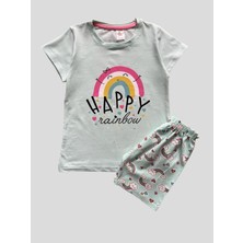 Elmas Kids Kız Çocuk %100 Pamuklu Gökkuşağı Desenli Yeşil Kısa Kollu Şortlu Yazlık Pijama Takımı