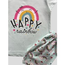 Elmas Kids Kız Çocuk %100 Pamuklu Gökkuşağı Desenli Yeşil Kısa Kollu Şortlu Yazlık Pijama Takımı