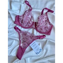 Aletheia Lingerie Pembe Çiçekli Brode Kadın Sütyen Tanga Takım