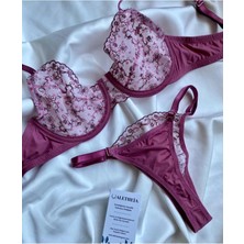 Aletheia Lingerie Pembe Çiçekli Brode Kadın Sütyen Tanga Takım