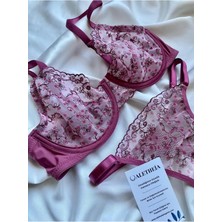 Aletheia Lingerie Pembe Çiçekli Brode Kadın Sütyen Tanga Takım