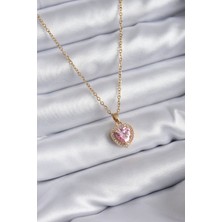 Zuamor Store 316L Çelik Zincir Gold Renk Pembe Zirkon Taş Kalp Model Charm Kadın Kolye