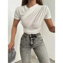 Fav Style Kadın Sıfır Yaka Kısa Kollu Omuz ve Bel Büzgülü Bluz