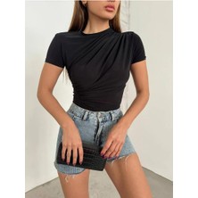 Fav Style Kadın Sıfır Yaka Kısa Kollu Omuz ve Bel Büzgülü Bluz