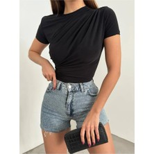 Fav Style Kadın Sıfır Yaka Kısa Kollu Omuz ve Bel Büzgülü Bluz