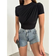 Fav Style Kadın Sıfır Yaka Kısa Kollu Omuz ve Bel Büzgülü Bluz