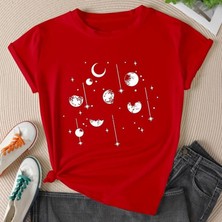 Stıl-X Gökyüzü Temalı Bisiklet Yaka %100 Pamuklu Kadın T-Shirt