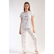 New Pajamas Kadın Gri Kısa Kollu  Desenli Bisiklet Yaka Oval Etek Süprem Pijama Takımı