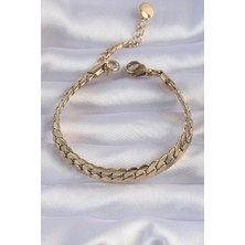Ely Shop Çelik Gold Renk Yassı Örme Model Zincir Bileklik
