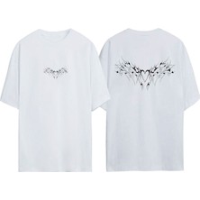 Unisex Kanatlı Kalp Tasarım Baskılı Pamuk Beyaz Oversize T-Shirt