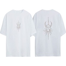 Unisex Güneş ve Ay Sembolu Tasarım Baskılı Pamuk Beyaz Oversize T-Shirt