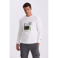 Ekru Slim Fit Baskılı Bisiklet Yaka Dar Kesim Baskılı %100 Pamuk Sweatshirt