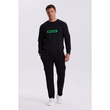Siyah Slim Fit Baskılı Bisiklet Yaka %100 Pamuk SweatShirt