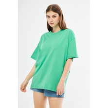 Giyadda Unisex Yeşil Pamuklu Bisiklet Yaka Oversize Bol Boyfriend Örme T-Shirt